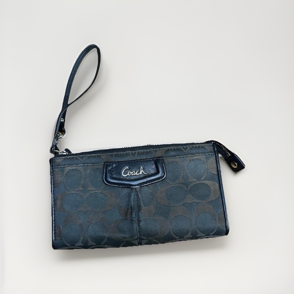 Coach VTG Wristlet Wallet Black & Brown Monogram Zip Logo Canvas Leather Pockets
